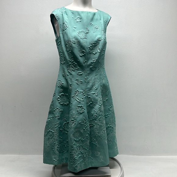 Talbot Runhof Dress Midi Fit Flare Sleeveless Floral 3D Embossed Teal Blue Small - Picture 1 of 13